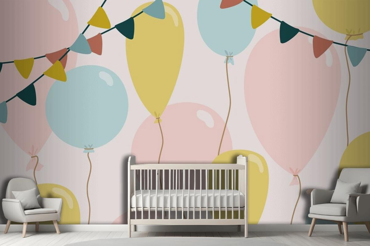 Festive Background With Blue Pink And Yellow Balloons Wallpaper Mural