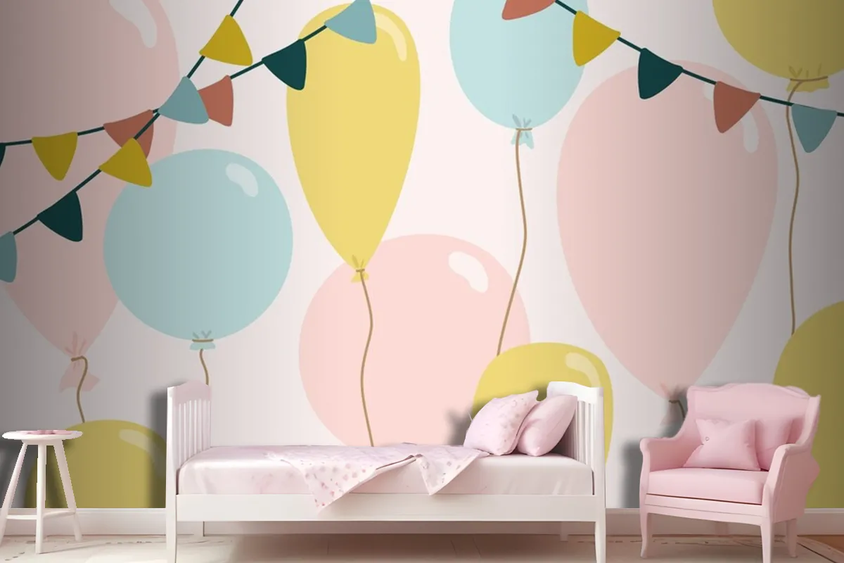 Festive Background With Blue Pink And Yellow Balloons Wallpaper Mural