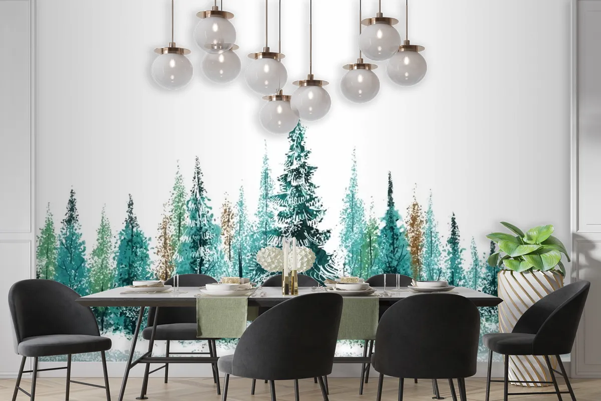 Festive Winter Landscape Christmas Trees Beautiful Holiday Card Wallpaper Mural