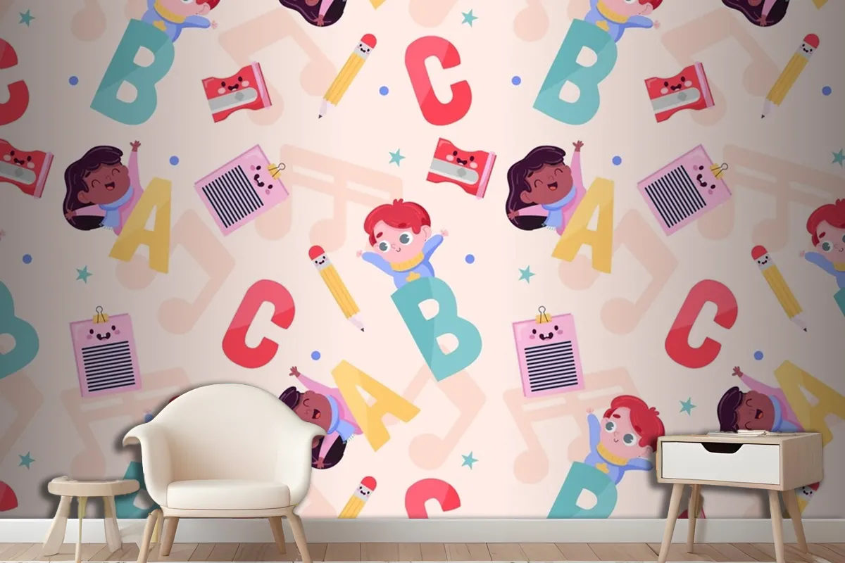 Flat Back To School Pattern Design Wallpaper Mural