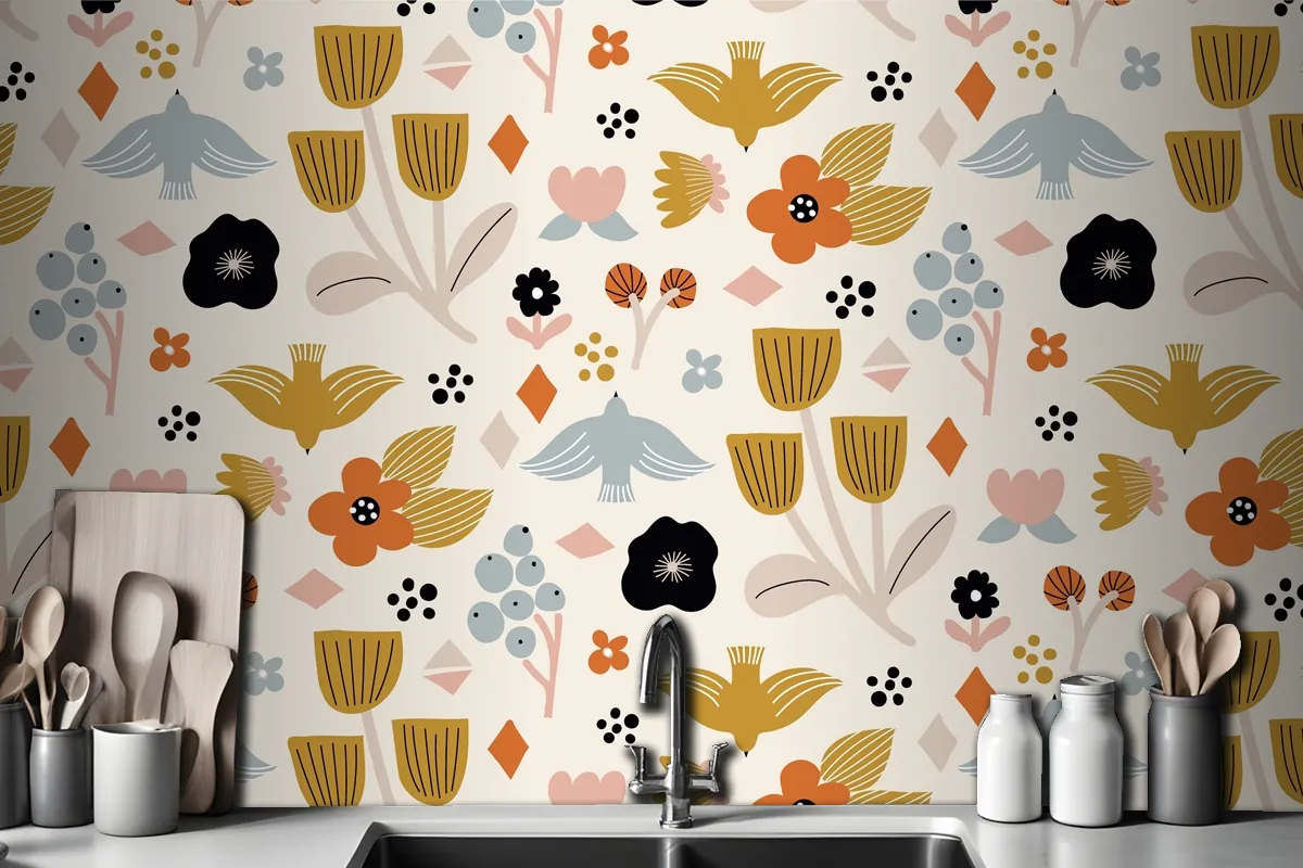 Flat Scandinavian Design Pattern Kitchen Wallpaper Mural