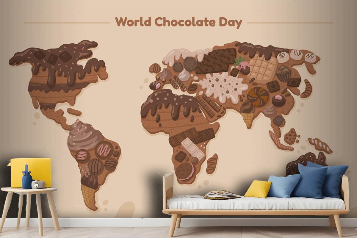 Flat World Map Chocolate Day Wallpaper Mural