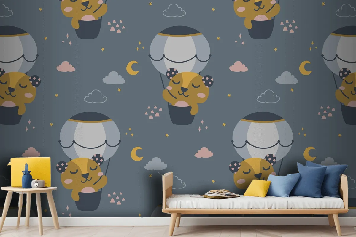 Fliying Cute Bear Scandinavian Pattern Wallpaper Mural