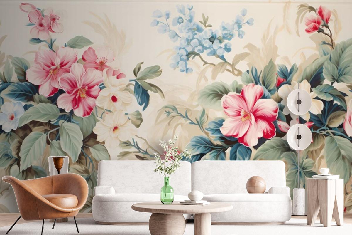 A Floral With Tropical Flowers And Leaves Wallpaper Mural