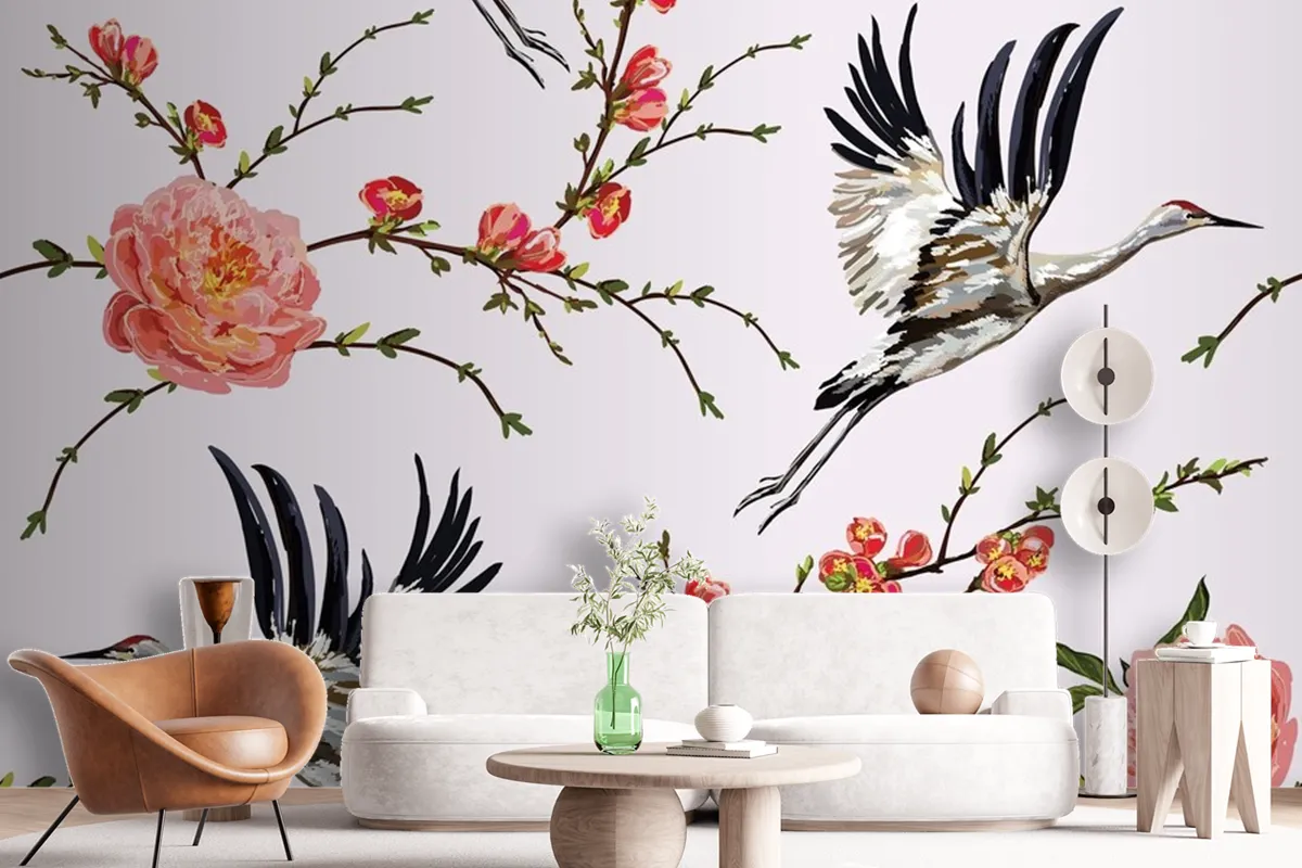 Flowers And Plants Flowers And Birds Seamless Print Pattern Wallpaper Mural