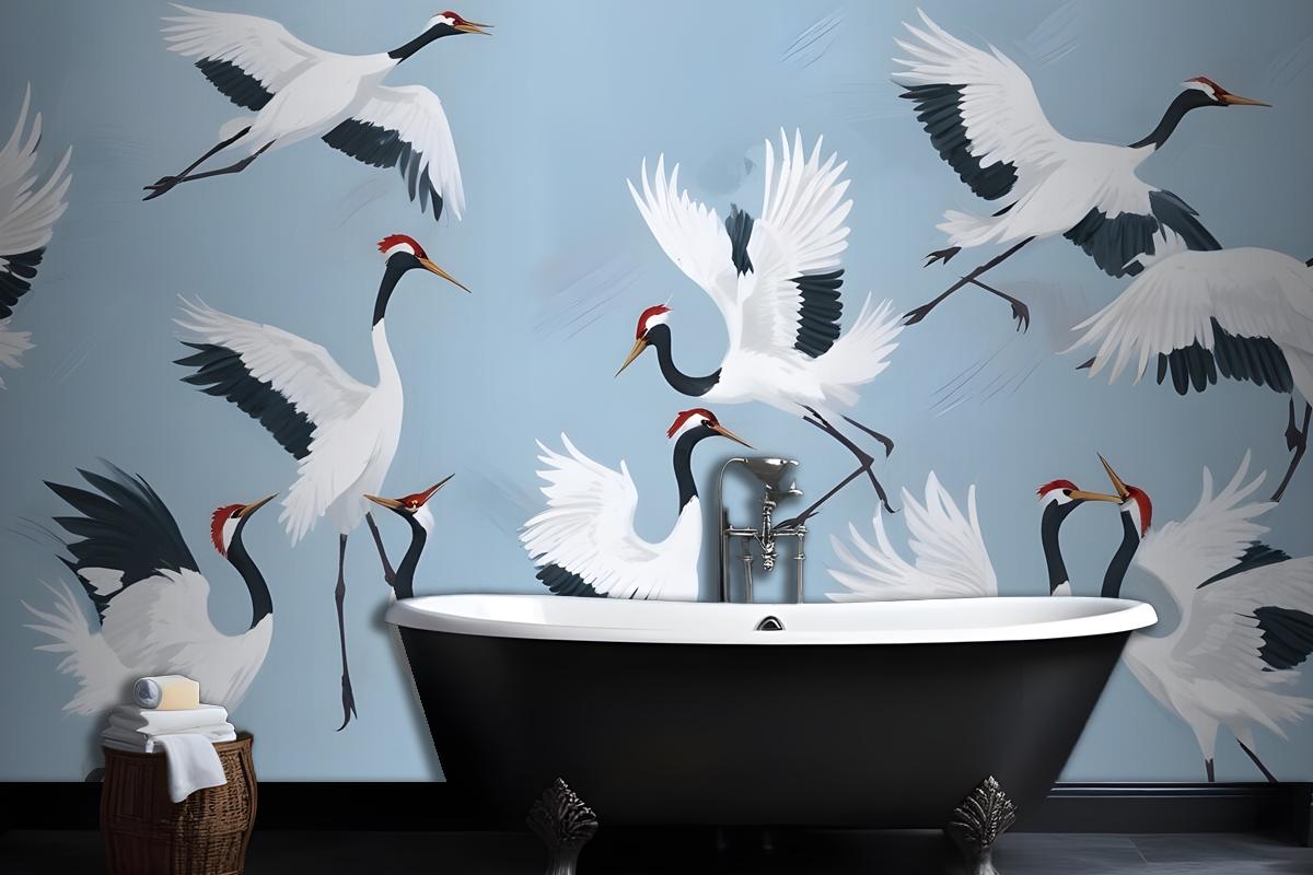 Flying Japanese Cranes Blue Painted Wallpaper Mural