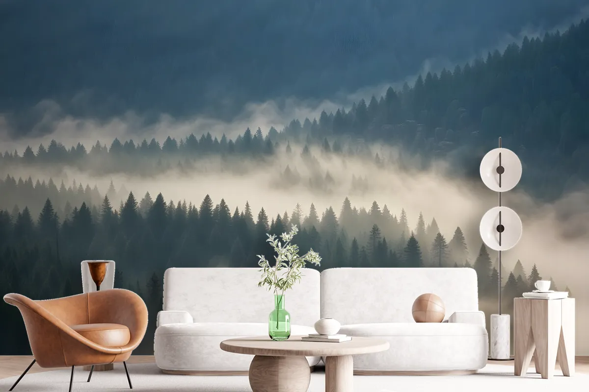 Foggy Pine Woods Landscape Wallpaper Mural