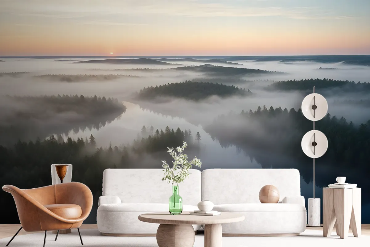 Foggy Rive Forest Landscape Wallpaper Mural