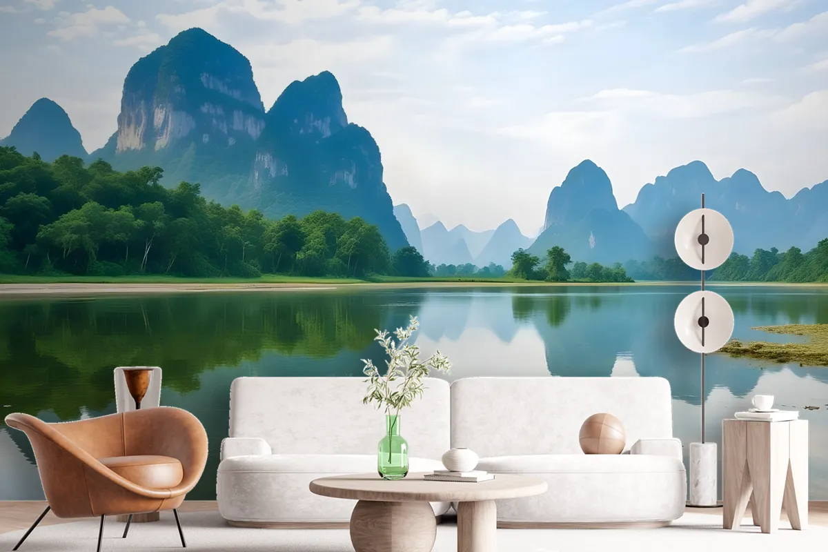 Forest Lake Landscape With Mountains Wallpaper Mural