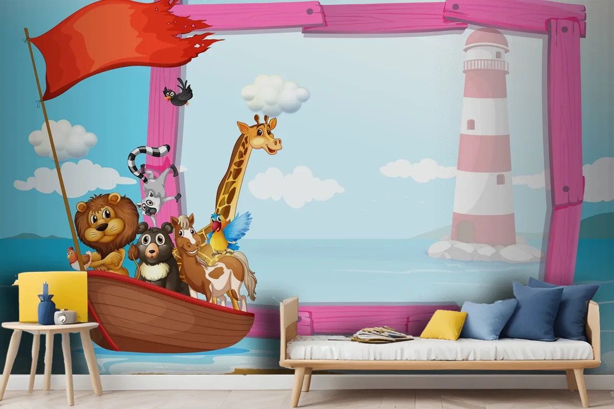 Frame With Wild Animals In The Boat Wallpaper Mural