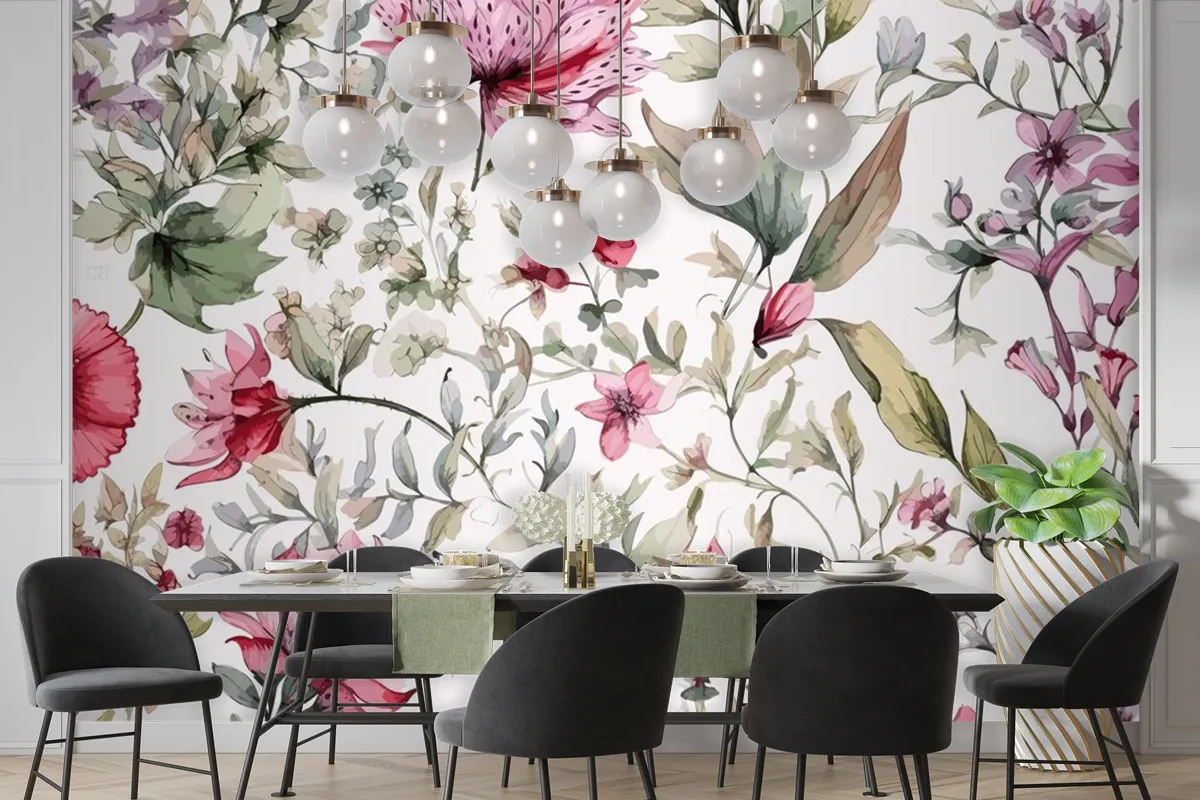 Colourful Floral Background With Leaves Wallpaper Mural