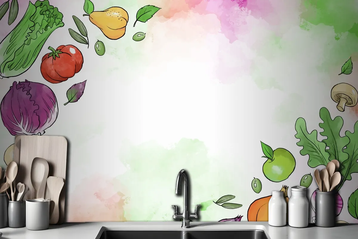 Fruit And Vegetables Hand Drawn Wallpaper Mural