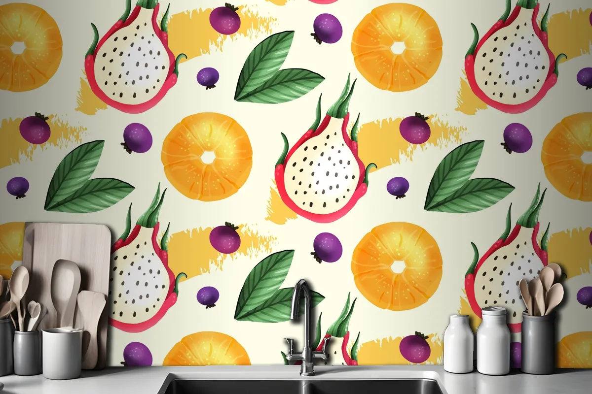 Fruits Pattern With Dragon Fruit Kitchen Wallpaper Mural