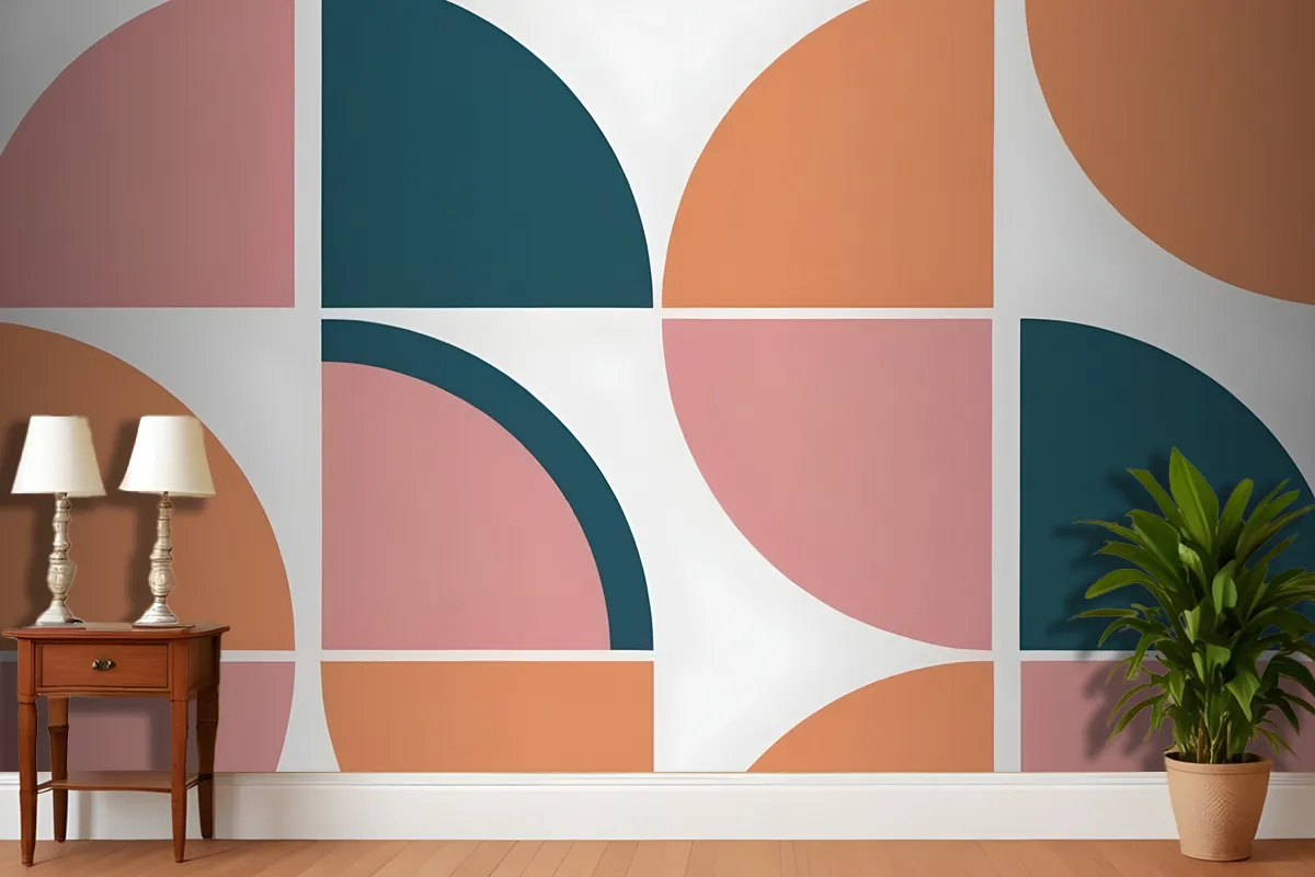 Geometric Abstract Pattern With Various Shapes And Colors Including Teal Peach And Pink Wallpaper Mural