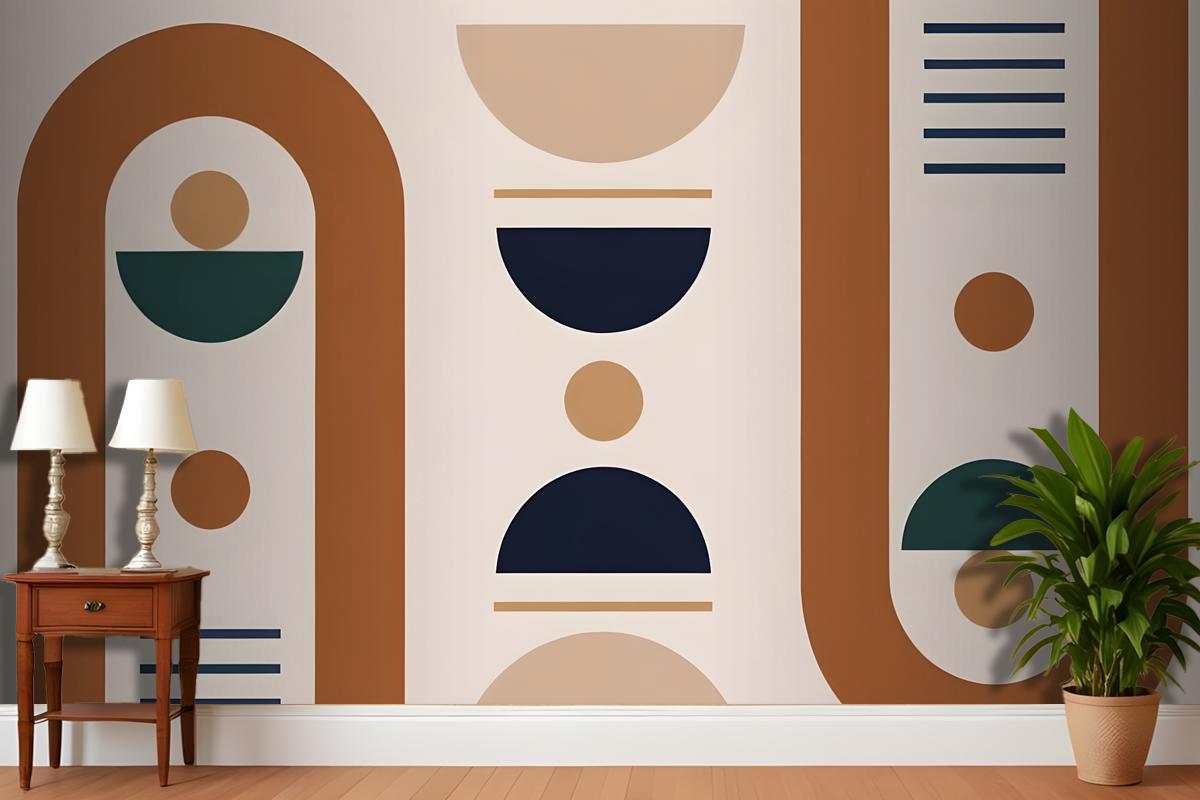 Geometric Shapes And Forms In Earthy Tones Of Brown Beige Navy And Green Wallpaper Mural