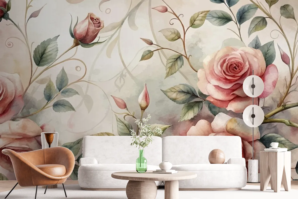 Graceful Rose Tree Pattern Watercolor Background Wallpaper Mural