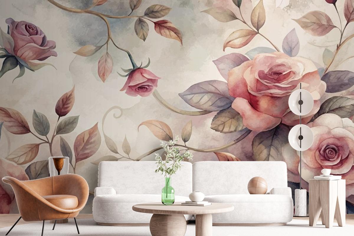 Graceful Rose Tree Pattern Watercolor Background Wallpaper Mural