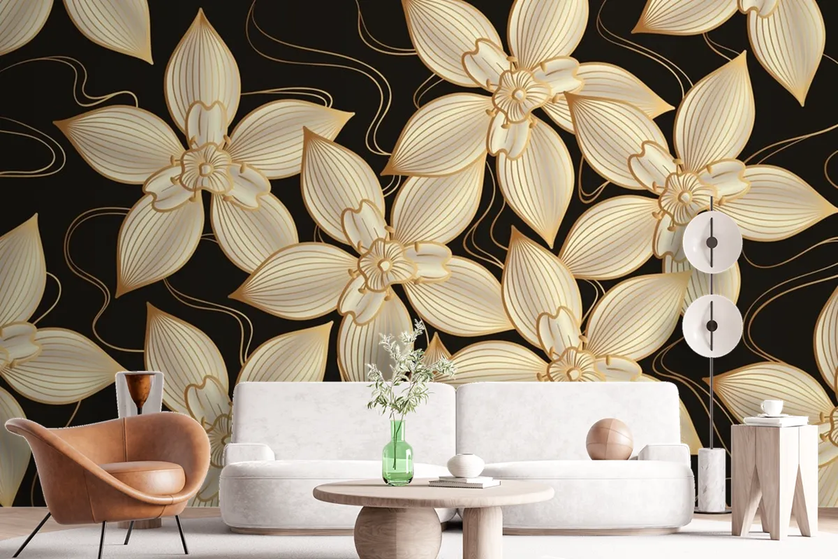 Gradient Golden Linear Background With Elegant Flowers Wallpaper Mural