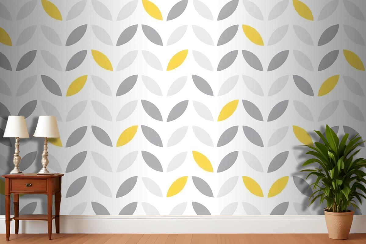 Gray And Yellow Leaf Shapes Arranged In A Repeating Geometric Design Wallpaper Mural