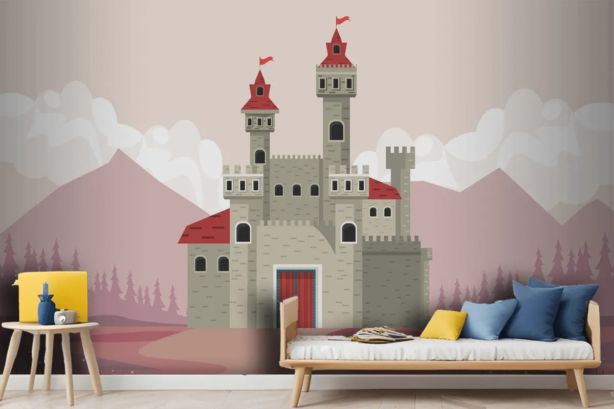 Gray Castle In Pink Landscape Scene Wallpaper Mural