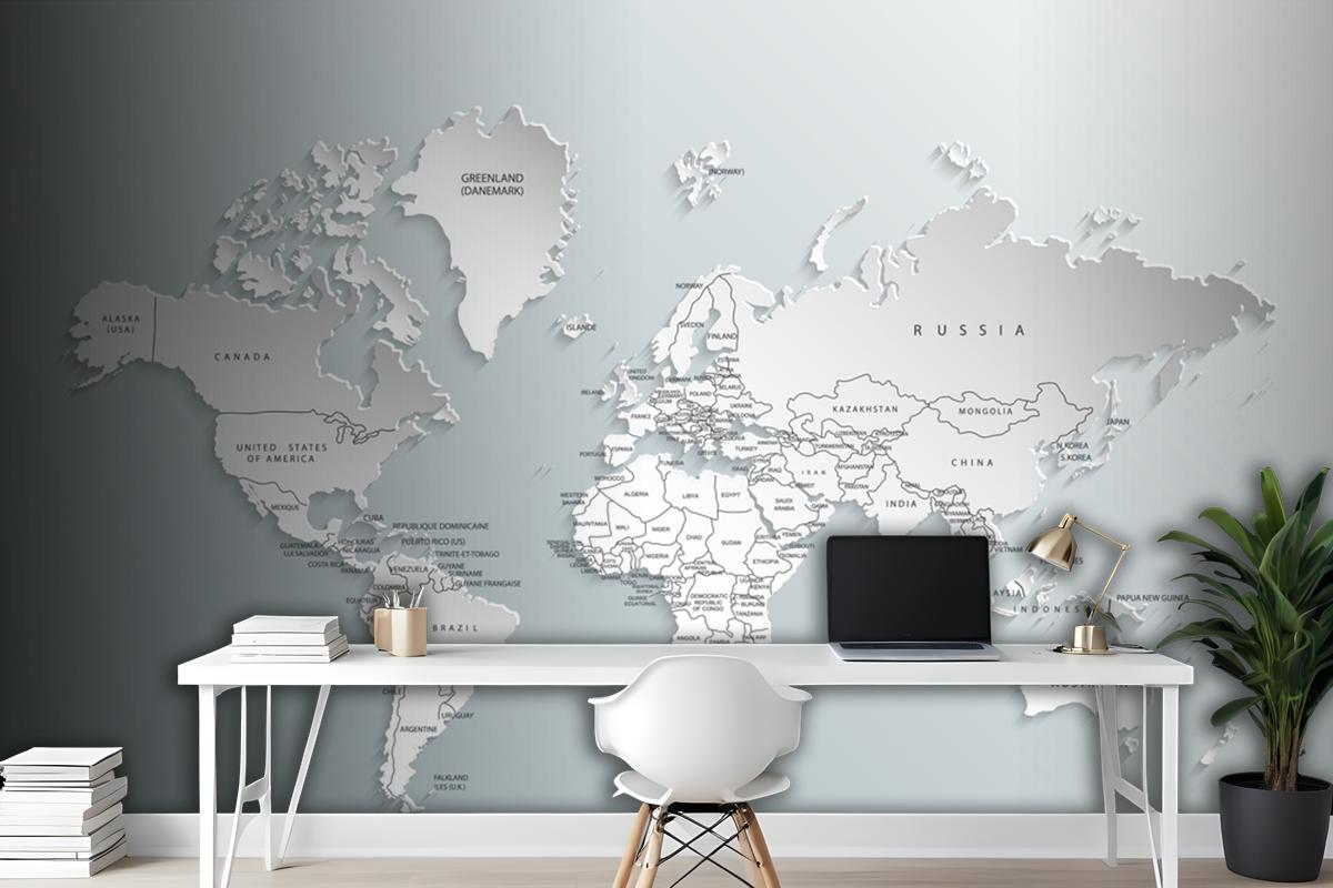 Gray World Map Countries Wallpaper Mural