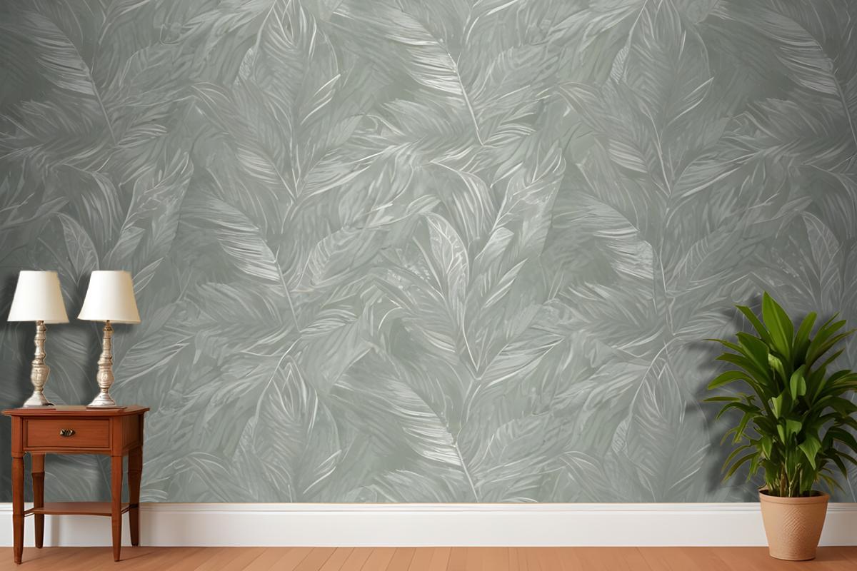 Green And White Abstract Pattern With Overlapping Leaf Or Featherlike Shapes Wallpaper Mural