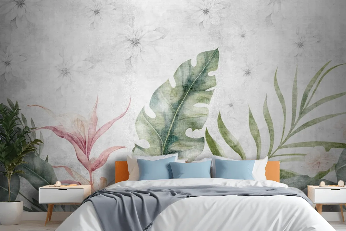 Green Branches Tree Leaves On Drawing Gray Wallpaper Mural