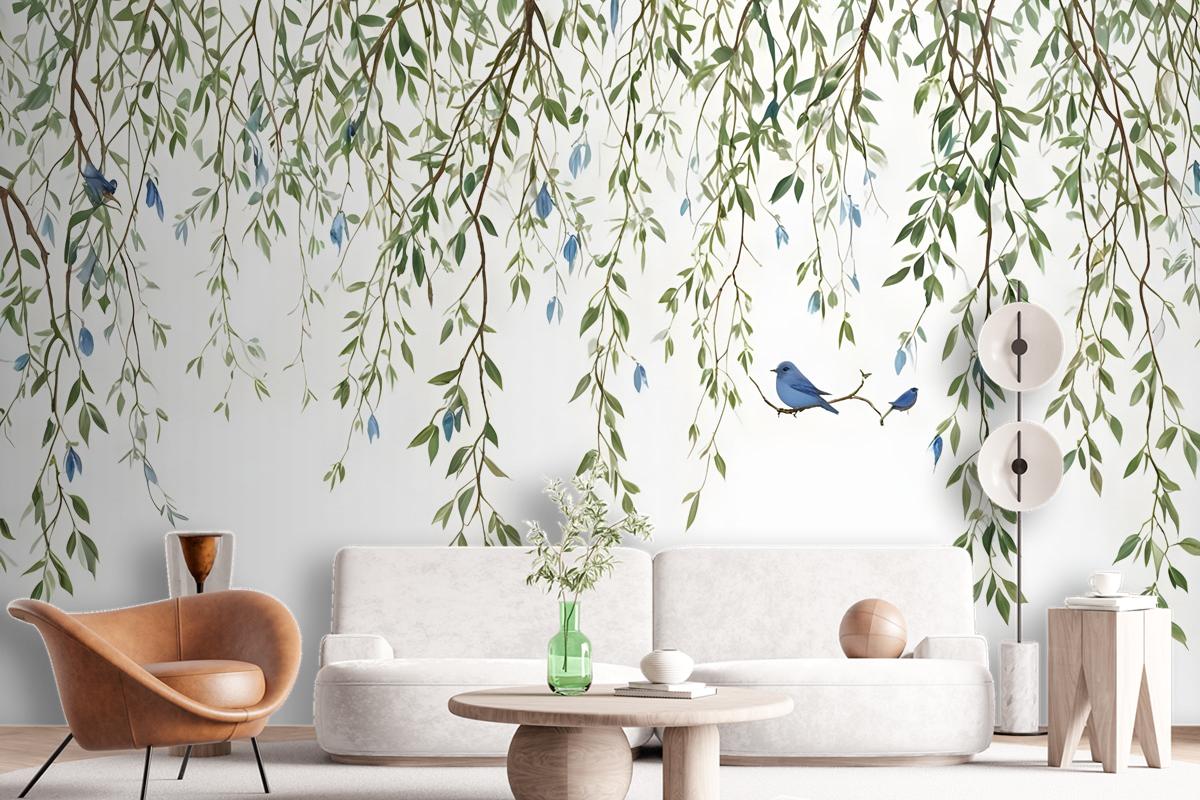 Green Hanging Leaves With Colorful Birds Wallpaper Mural