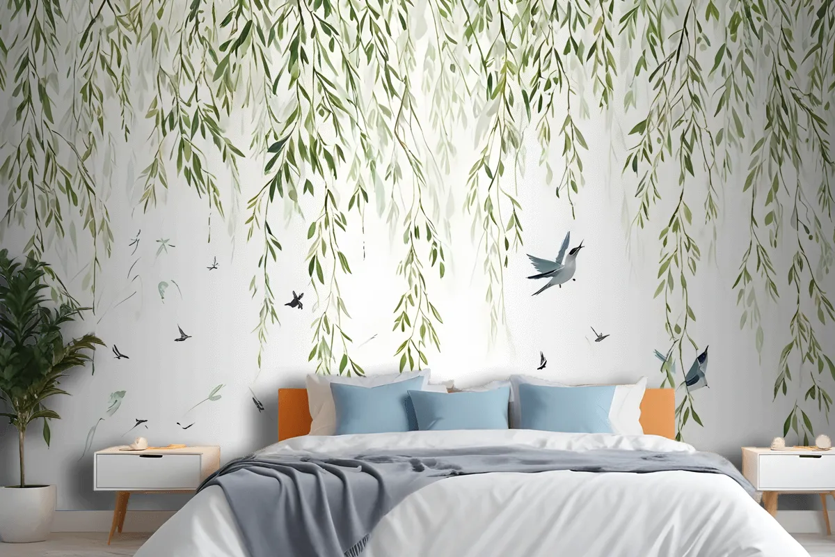 Green Hanging Leaves With Colorful Birds Wallpaper Mural