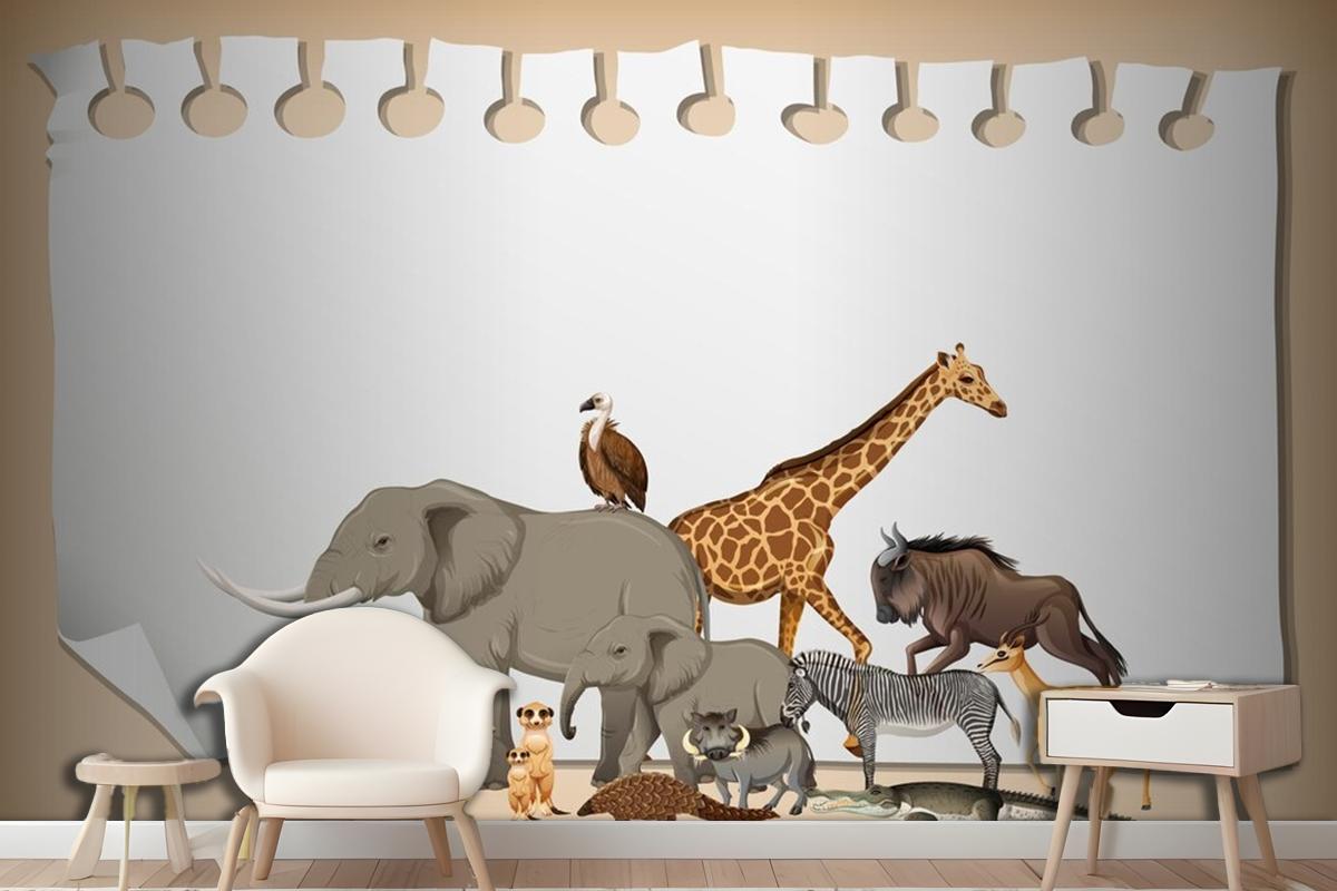 Group Of Wild African Animal On Paper Wallpaper Mural