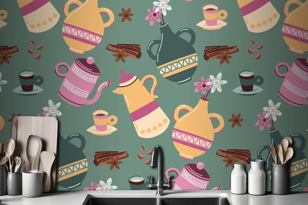 Hand Drawn Colorful Coffee Pattern Wallpaper Mural