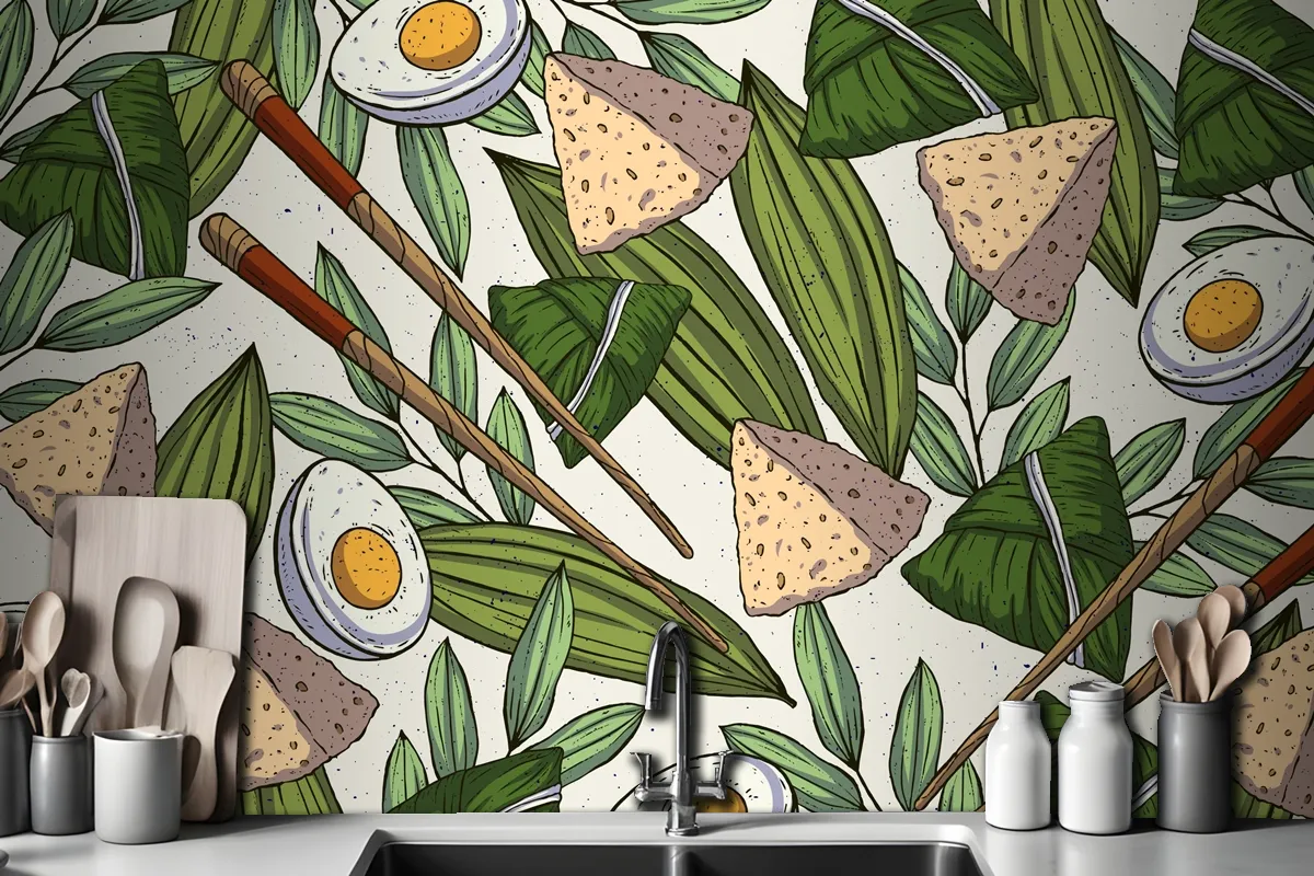 Hand Drawn Dragon Boats Zongzi Wallpaper Mural