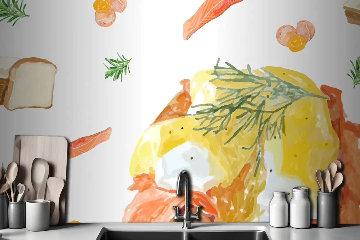 Hand Drawn Egg Benedic Watercolor Style Wallpaper Mural