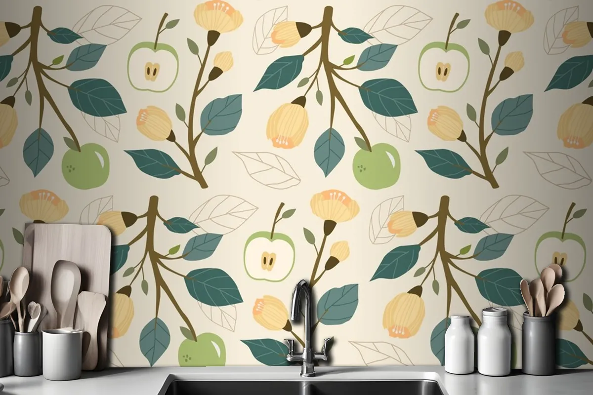 Hand Drawn Flat Fruit And Floral Pattern Kitchen Wallpaper Mural