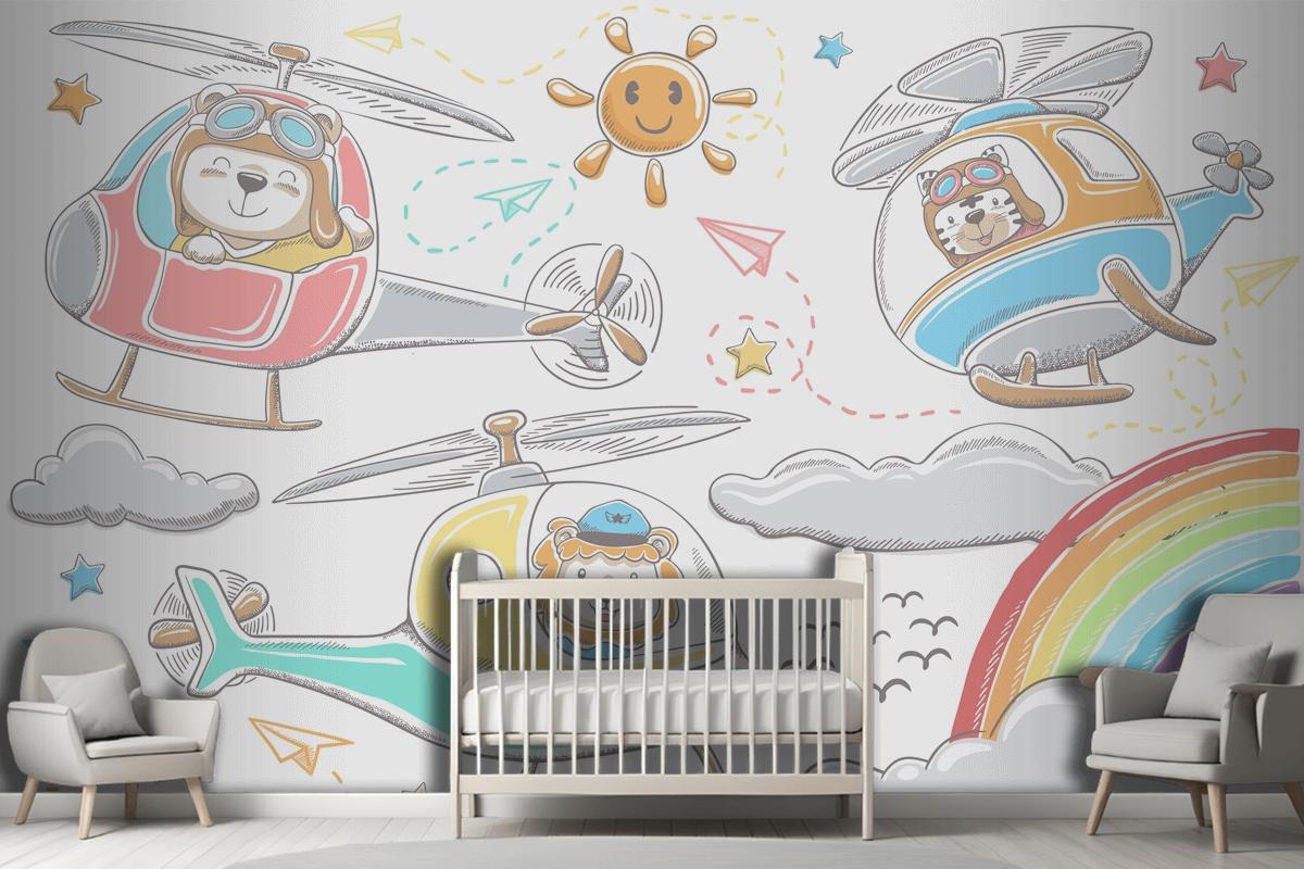 Hand Drawn Funny Animals Cartoon On Helicopters Sky Object Elements Cartoon Wallpaper Mural