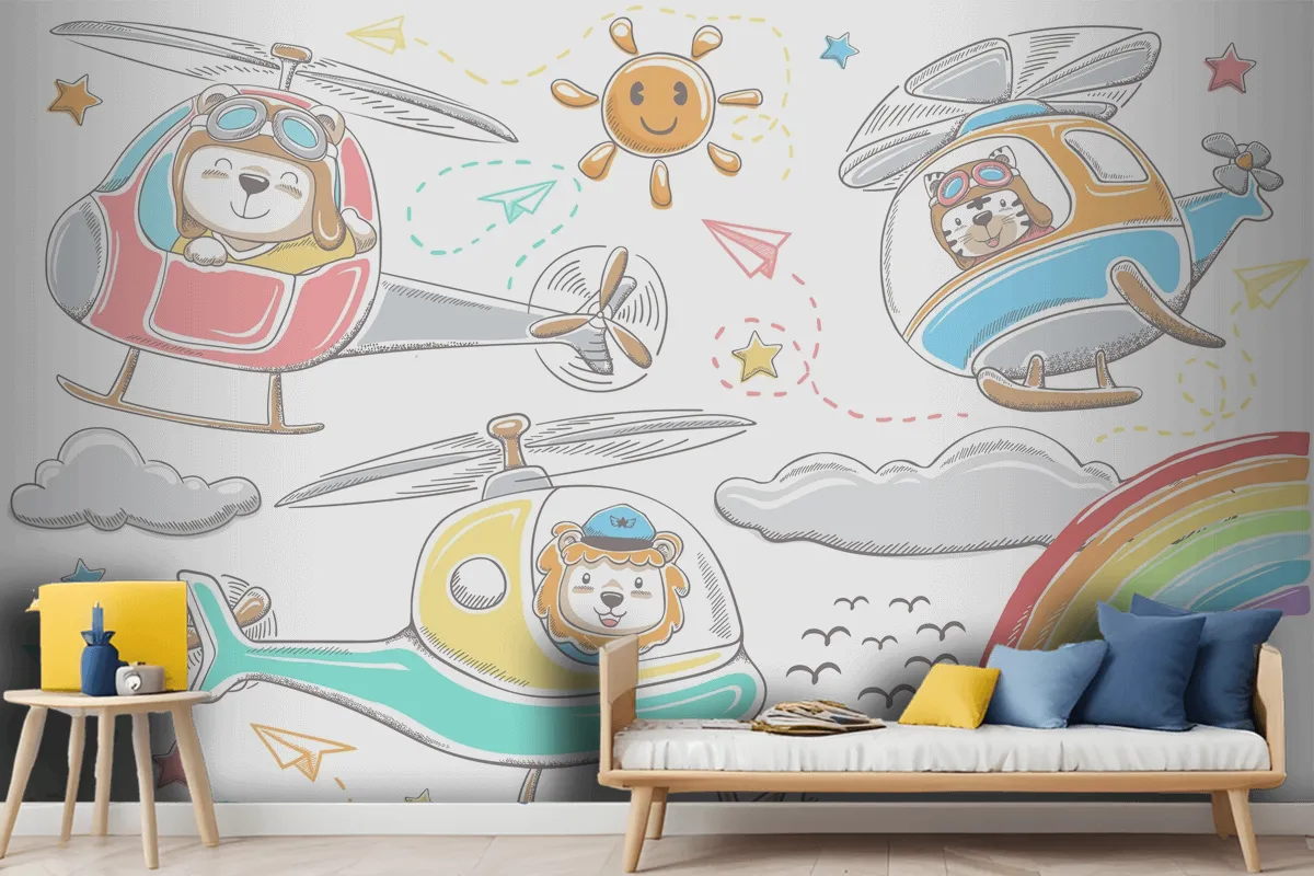 Hand Drawn Funny Animals Cartoon On Helicopters Sky Object Elements Cartoon Wallpaper Mural