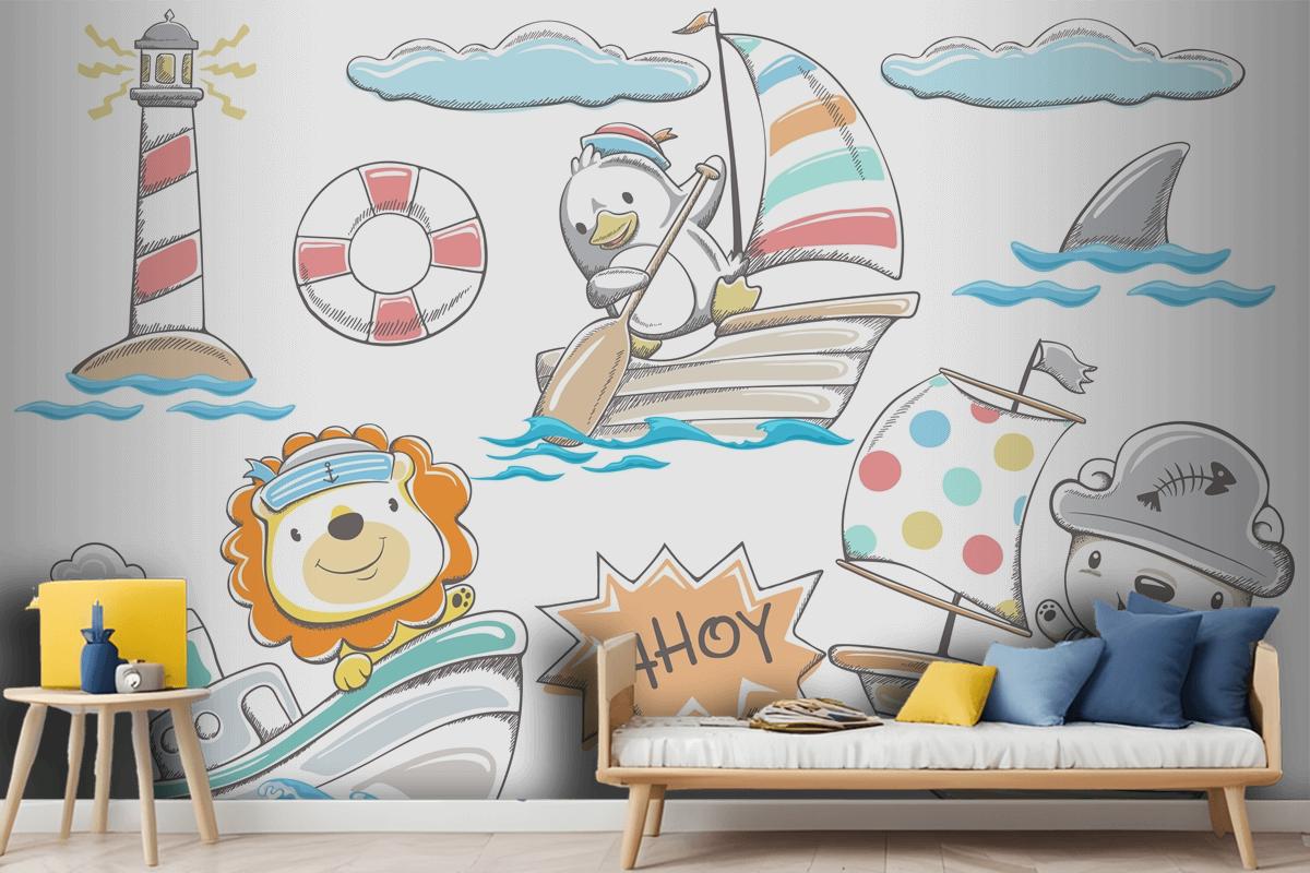 Hand Drawn Funny Animals Sailor With Sea Elements Wallpaper Mural