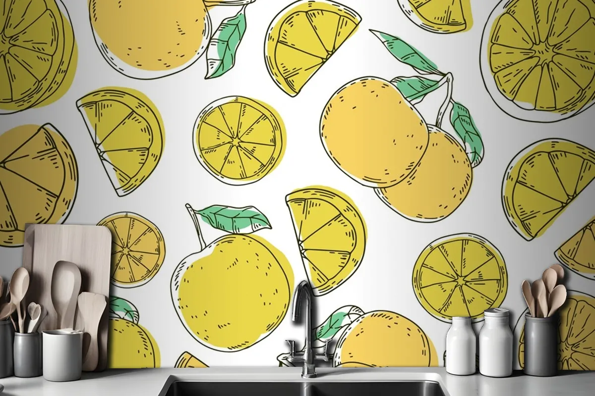 Hand Drawn Lineal Engraved Lemon Pattern Wallpaper Mural