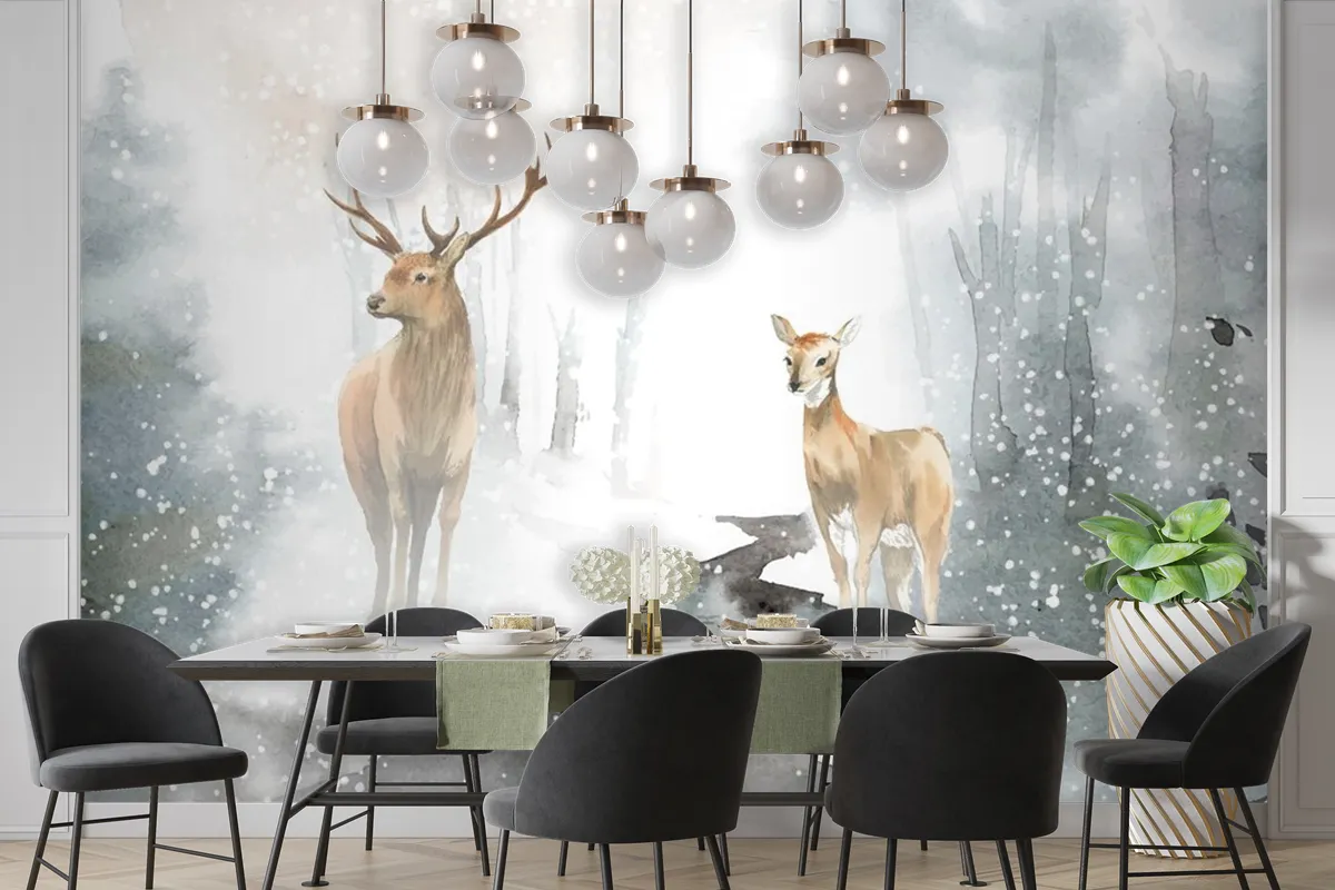 Handdrawn Pair Of Deer Watercolor Style Wallpaper Mural