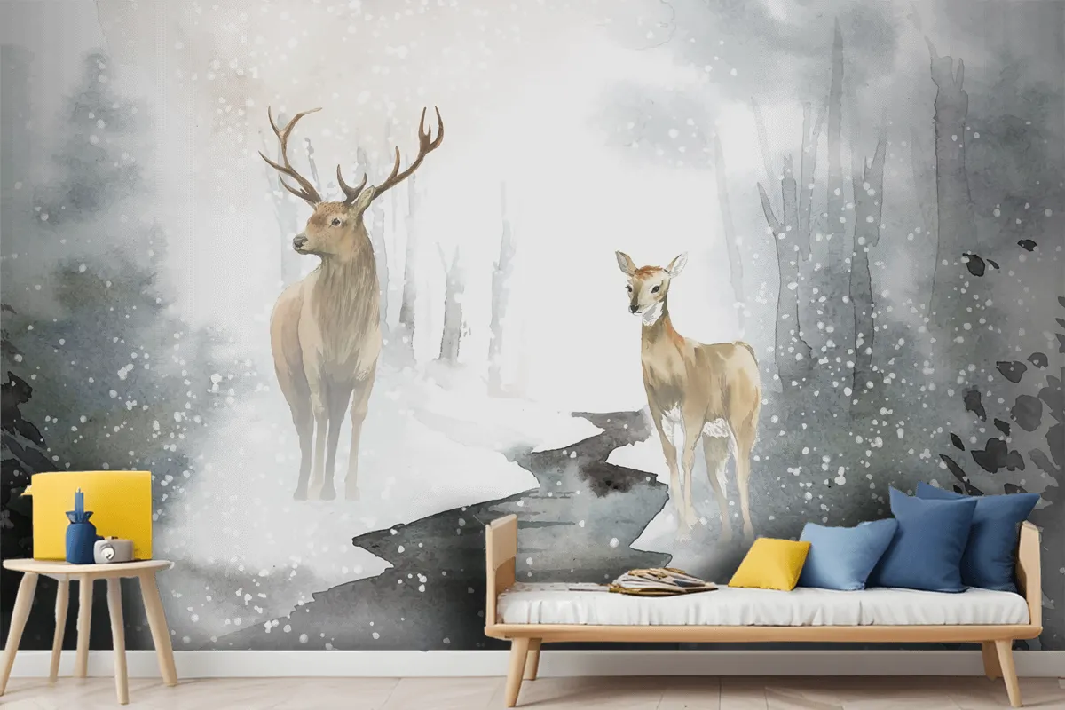 Handdrawn Pair Of Deer Watercolor Style Wallpaper Mural