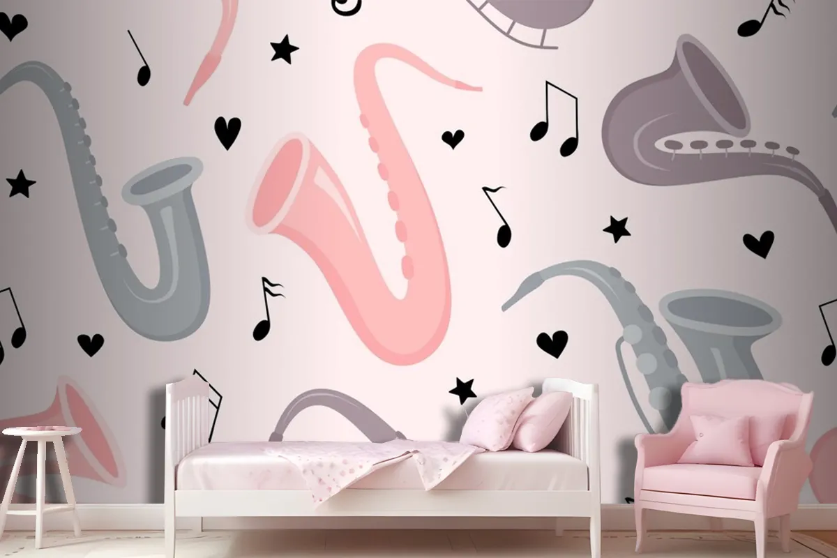 Hand Drawn Saxophone Seamless Pattern Wallpaper Mural