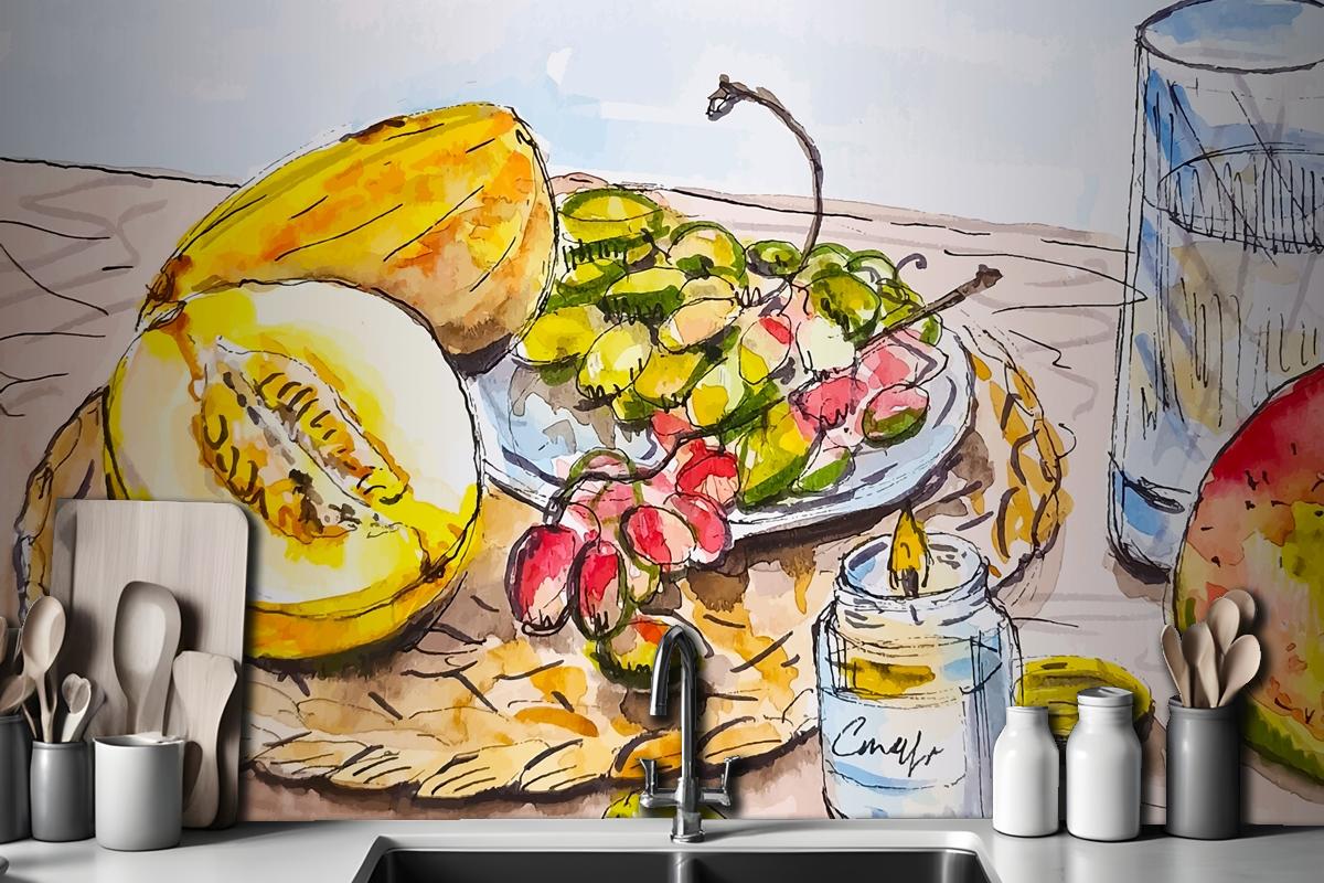 Hand Drawn Sketch Fruits On The Table At The Kitchen Grape Melon Mango Wallpaper Mural