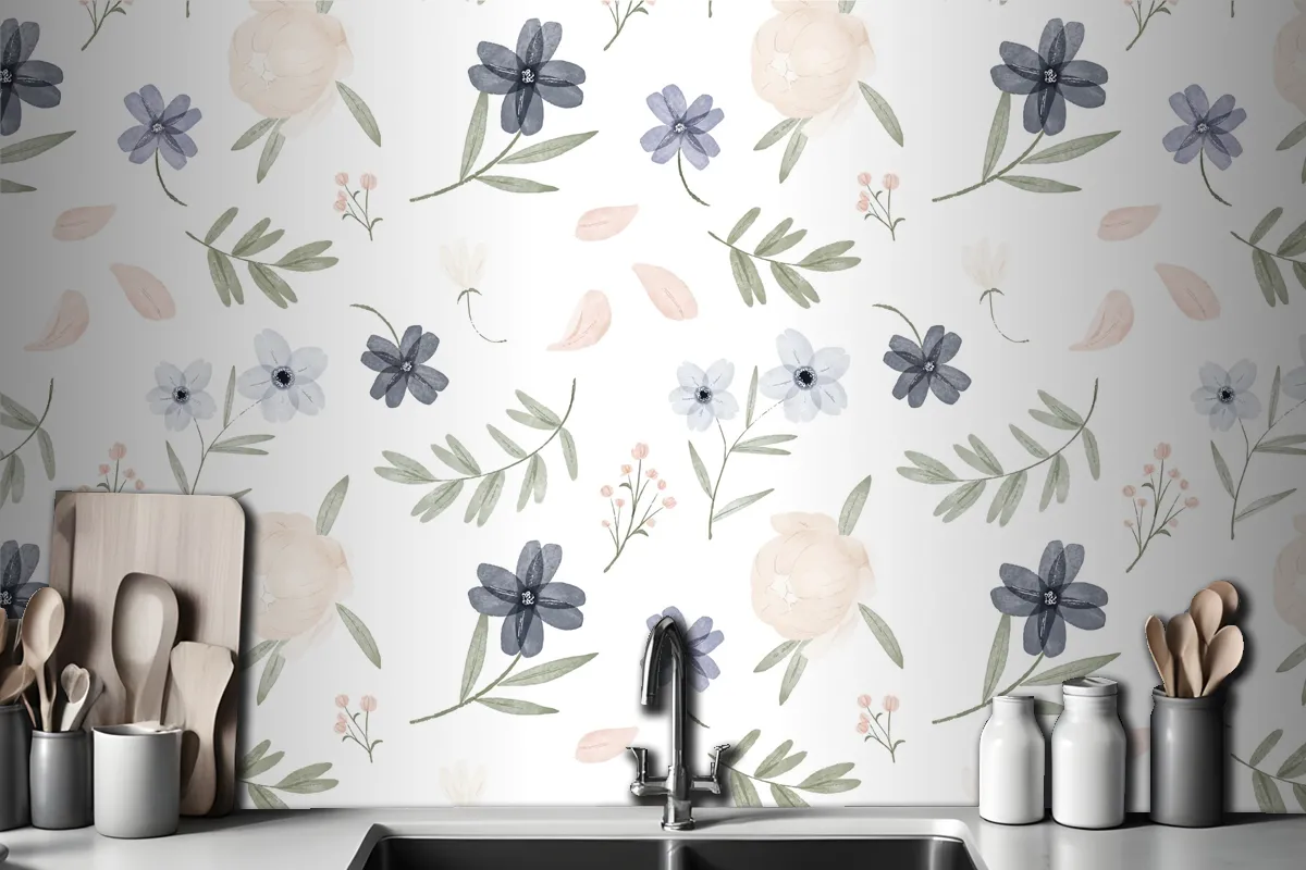 Hand Painted Watercolor Botanical Pattern Wallpaper Mural