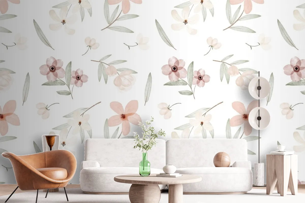 Hand Painted Watercolor Botanical Pattern Wallpaper Mural