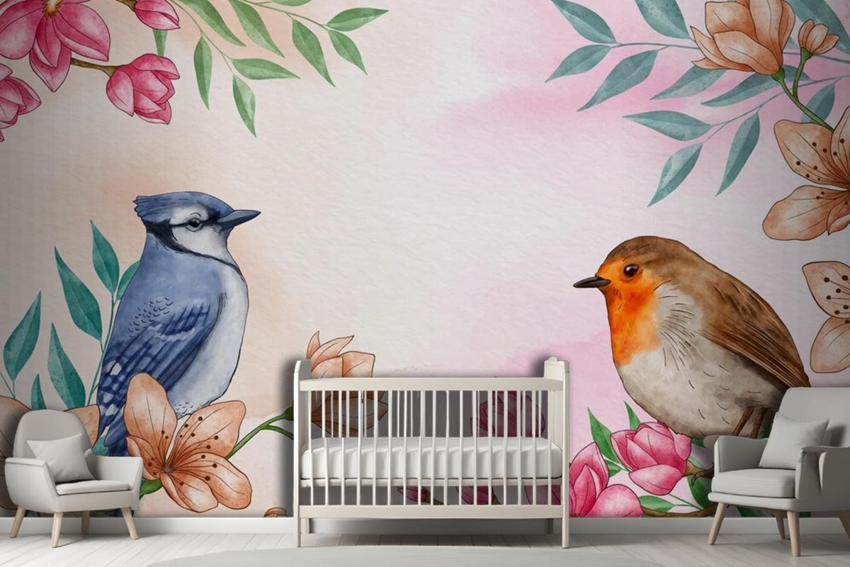 Hand Painted Watercolor Floral Birds Background Wallpaper Mural