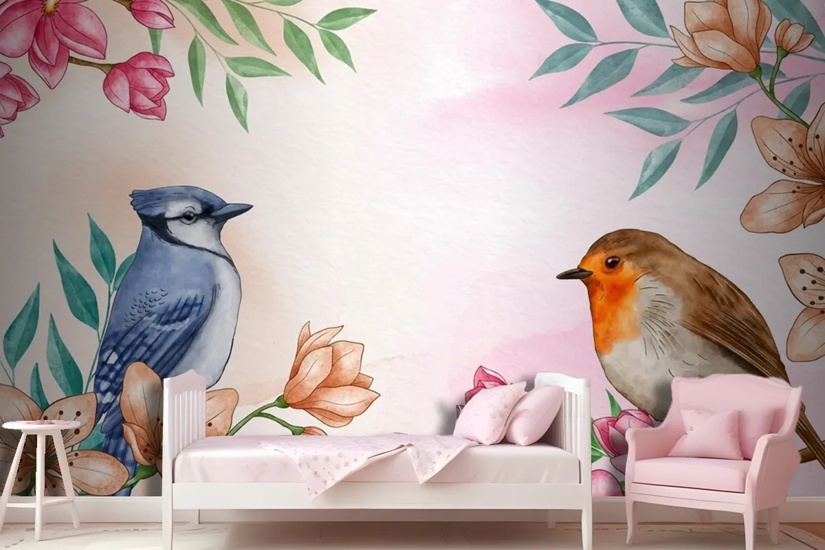 Hand Painted Watercolor Floral Birds Background Wallpaper Mural