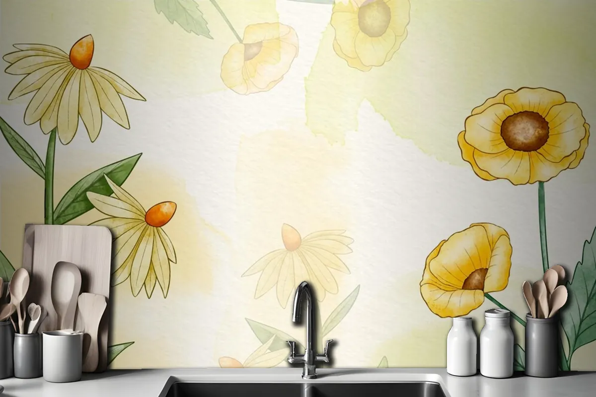 Hand Painted Watercolor Floral Kitchen Wallpaper Mural