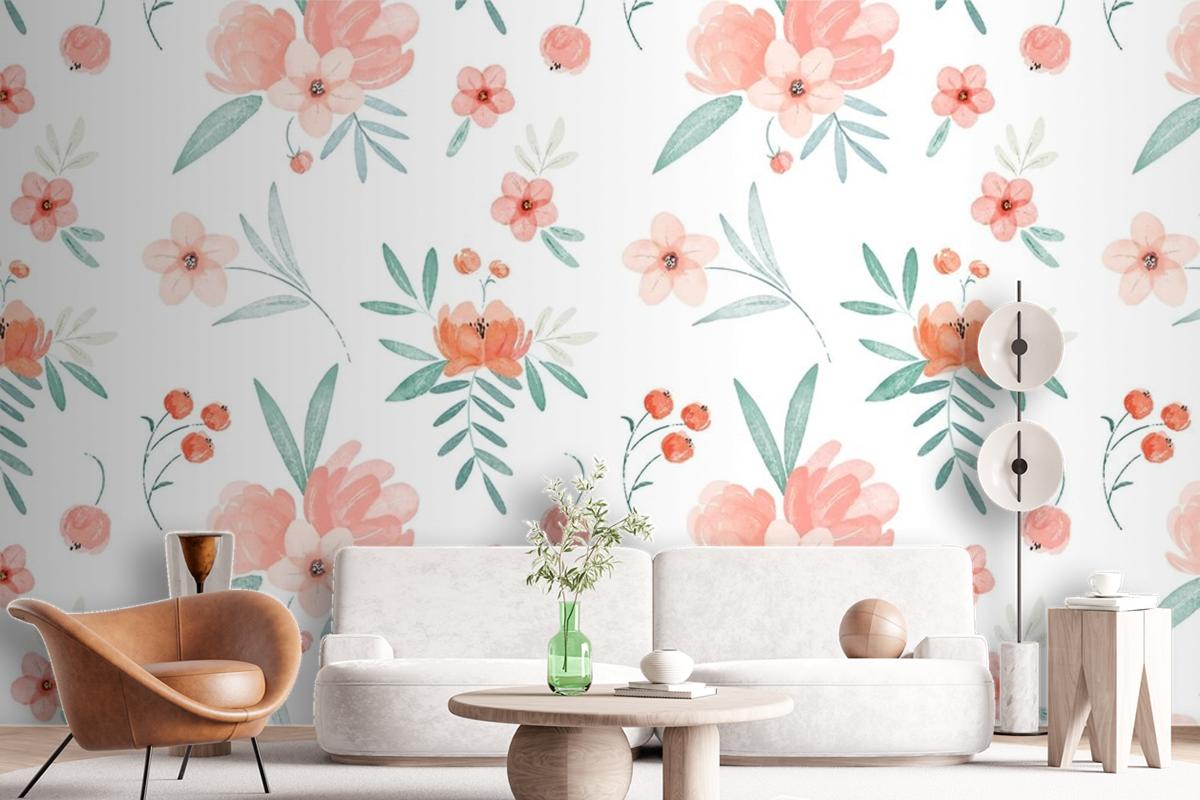 Hand Painted Watercolor Floral Pattern In Peach Tones Wallpaper Mural