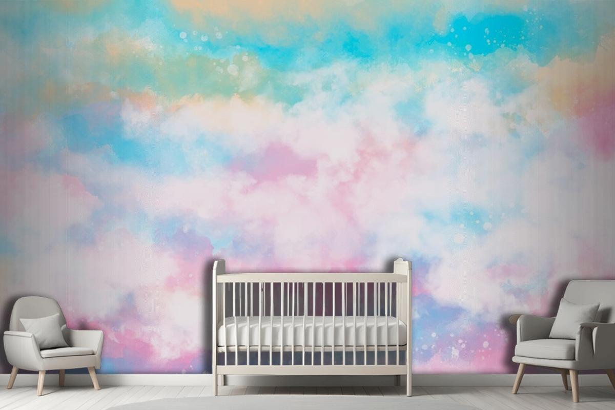 Hand Painted Watercolor Pastel Sky Background Girl Wallpaper Mural