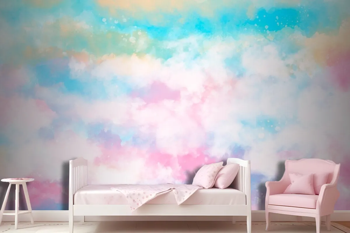 Hand Painted Watercolor Pastel Sky Background Girl Wallpaper Mural